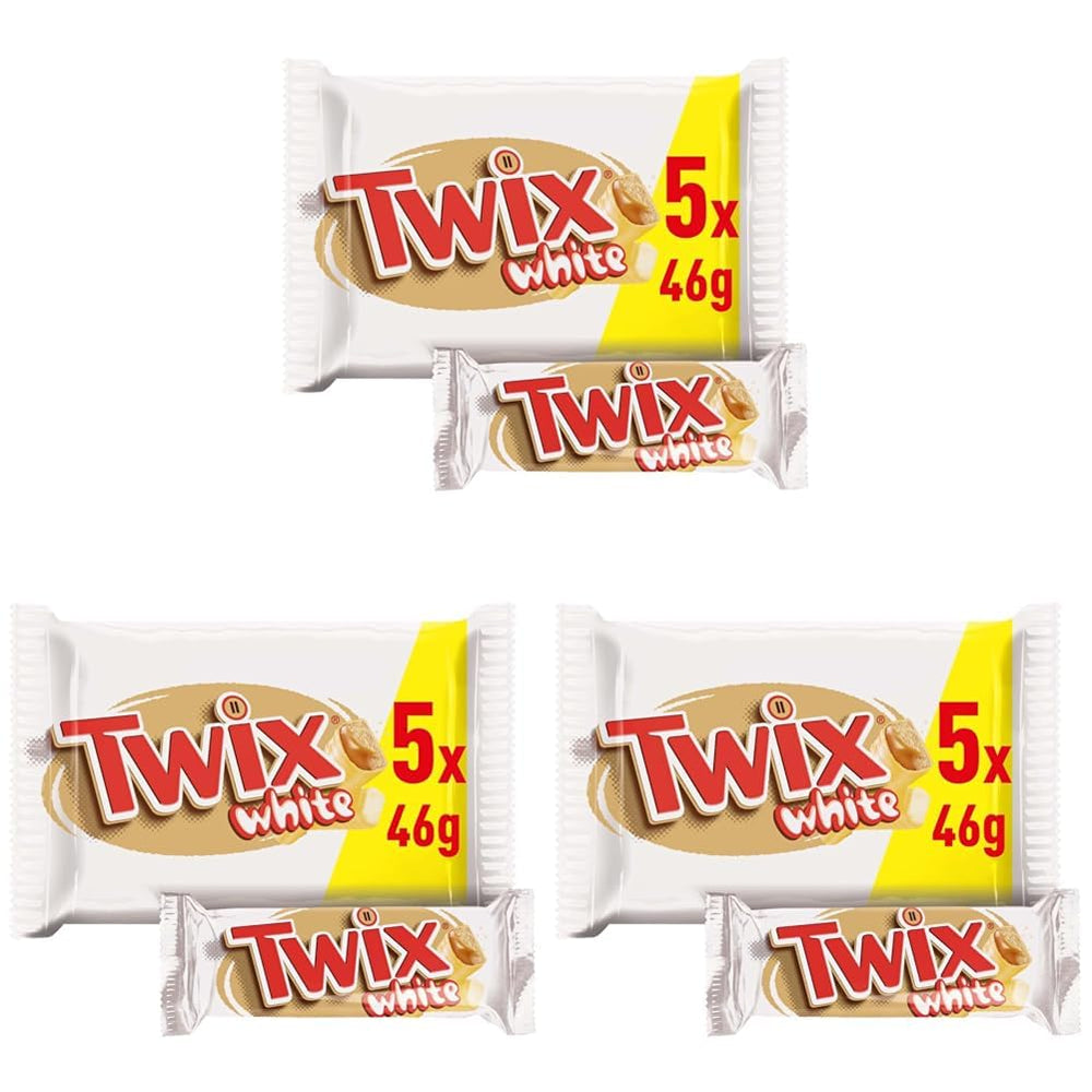 Barras de chocolate blanco Twix; caramelo, galletas, chocolate blanco; paquete múltiple de chocolates; 5 barras (5 x 46 g)