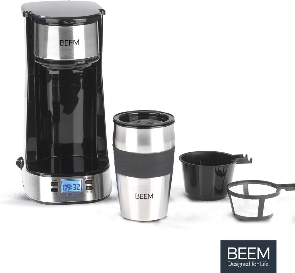 Espressor cu filtru unic BEEM THERMO 2 GO cu cană termică de 0,4 l | Filtru permanent | Cu cronometru de 24 de ore pentru o ceașcă de cafea fierbinte dimineața, fără așteptare | 750 W