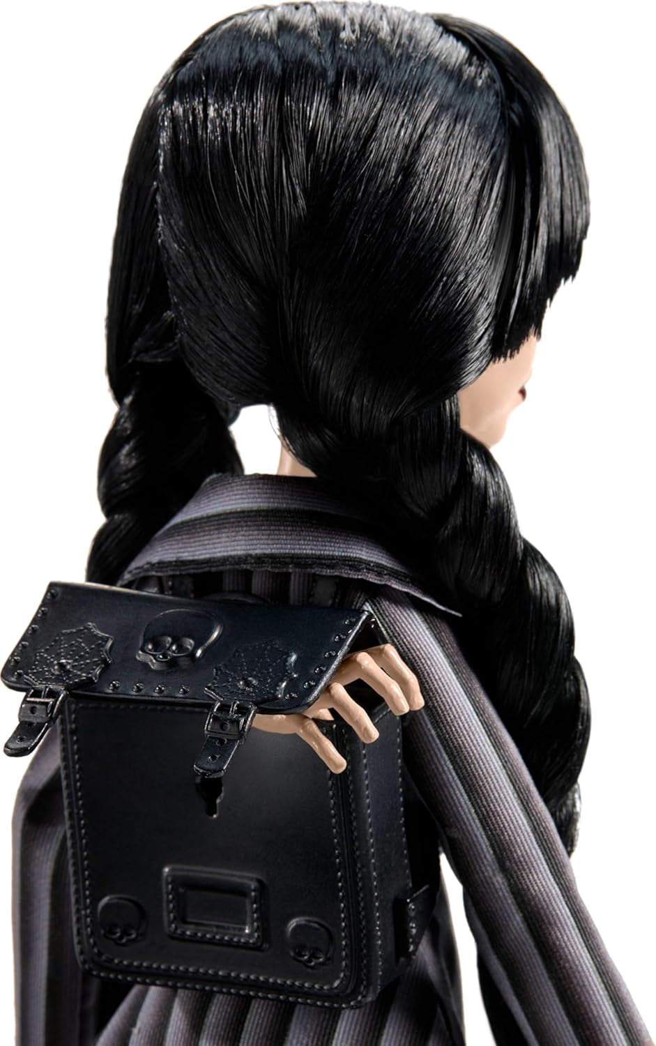 Monster High Wednesday Puppe und Accessoires, Wednesday Addams Sammelfigur in Nevermore Academy Uniform mit Eiskaltem Händchen und Rucksack, Puppenständer, HXJ04