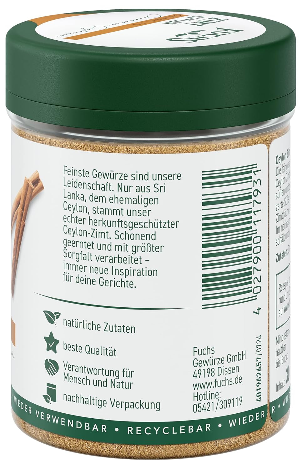 Fuchs Gewürze - Zimt Ceilán gemahlen | Ingrediente natural | 30 g en wiederverwendbarer, recyclebarer Streudose