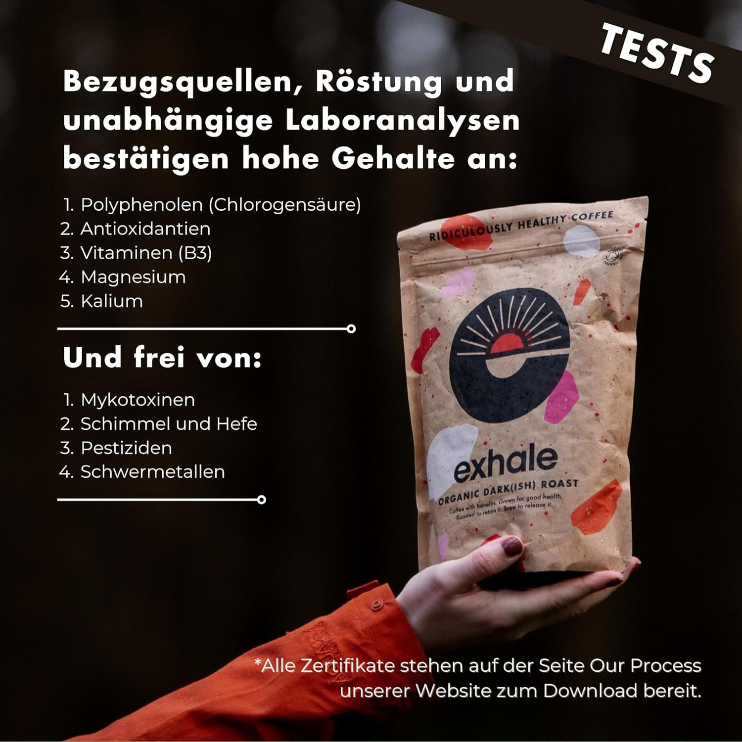 EXHALE Bio GANZE BOHNEN – Dunkel Gerösteter Kaffee – 450g Packung – Mykotoxinfrei & Geeignet für Bulletproof Coffee – Single Origin und 100% Arabica Bohnen