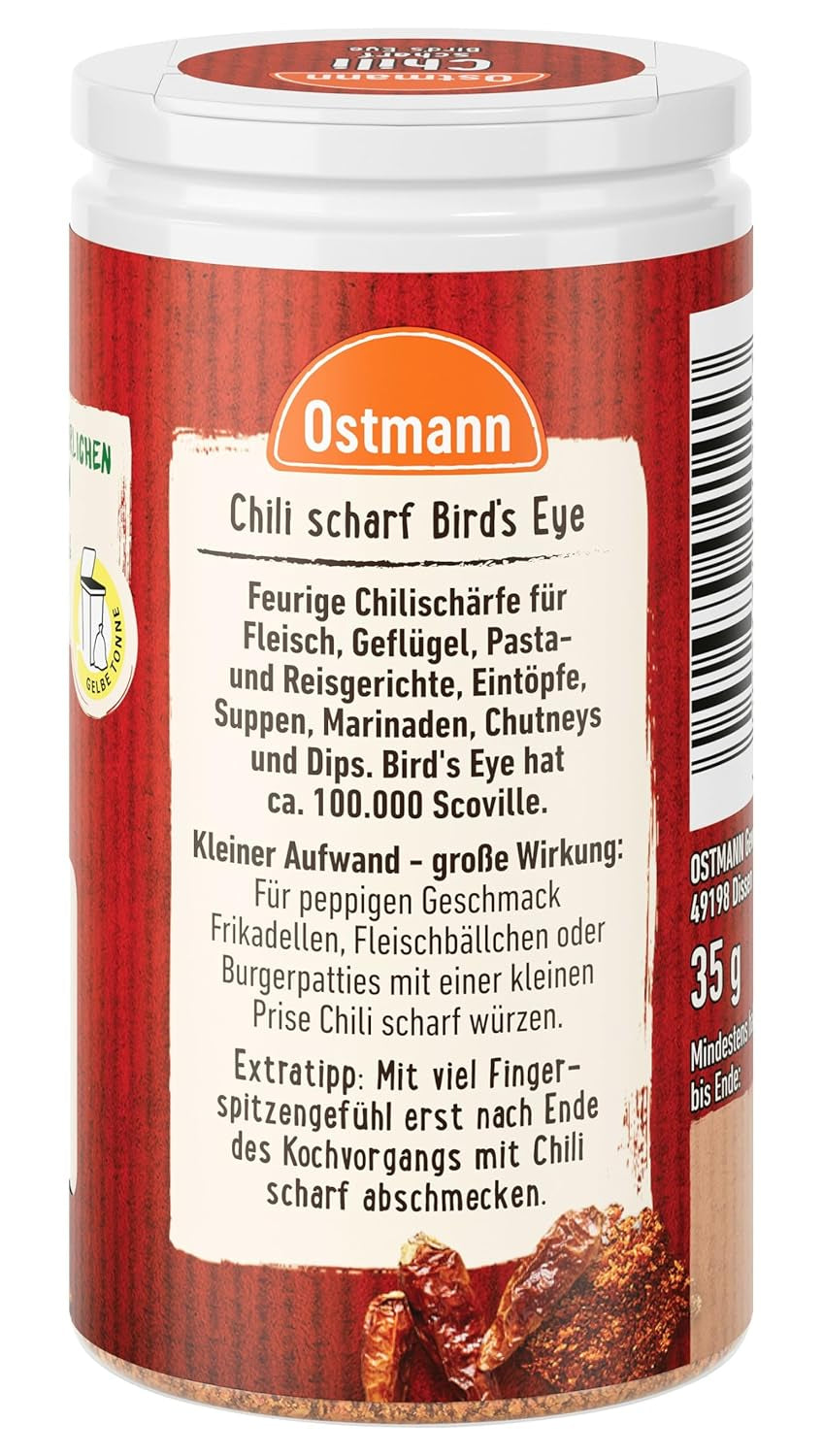 Ostmann Gewürze - Chili scharf Ojo de pájaro | Féurige Scharfe für Fleischgerichte und Eintöpfe | 35 g en Der Streudose