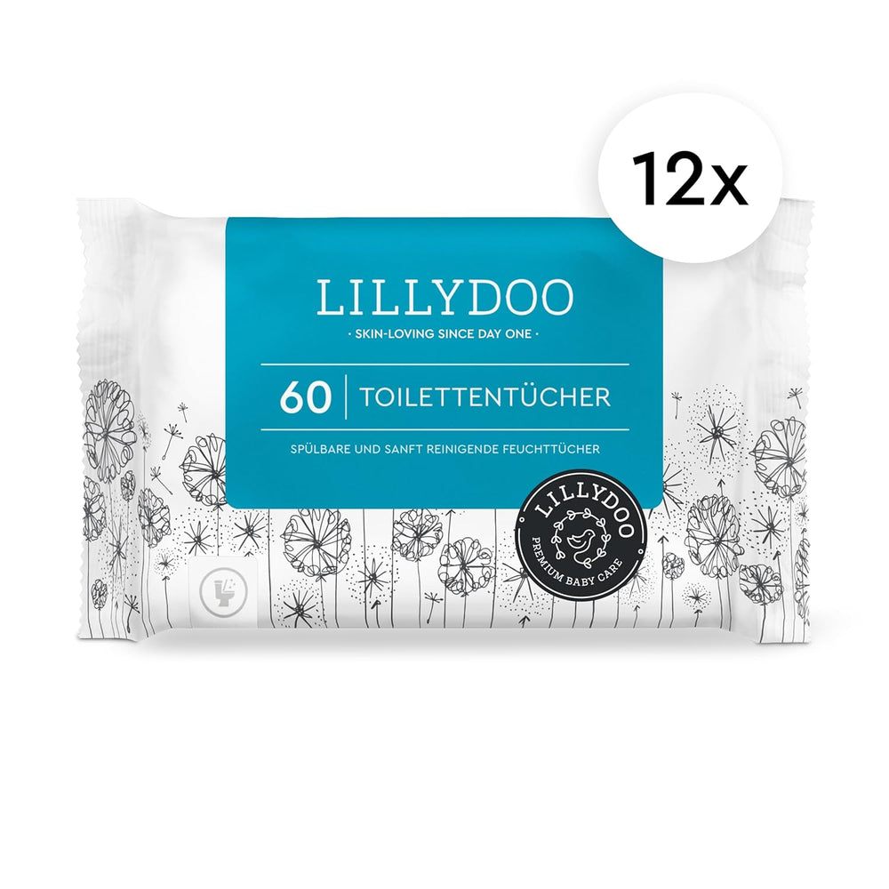 LILLYDOO Toallitas húmedas para inodoro 720 piezas (12 x 60) Toallitas desechables 100% sin plástico Sin fragancia