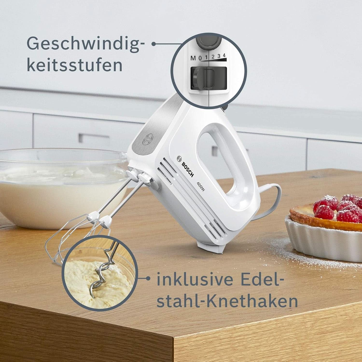 Bosch Hausgeräte Handrührer Clevermixx MFQ24200, 2 Rührbesen, 2 Spülmaschinengeeignet, 4 Stufen, Leicht, Leise, 400 W Weiß/Edelstahl Cocina Naty Shop