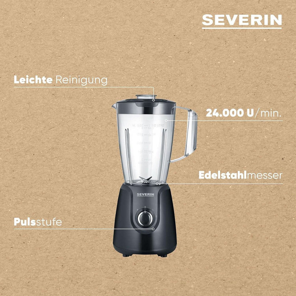 SEVERIN Batidora con base con 1,5 L Mixbehälter Aus Tritan, Batidora con 2 cosas y función de pulso, Leistungsstarker Küchenmixer Mit Edelstahlmesser, 600 W, Negro, SM 3707 Cocina Naty Shop