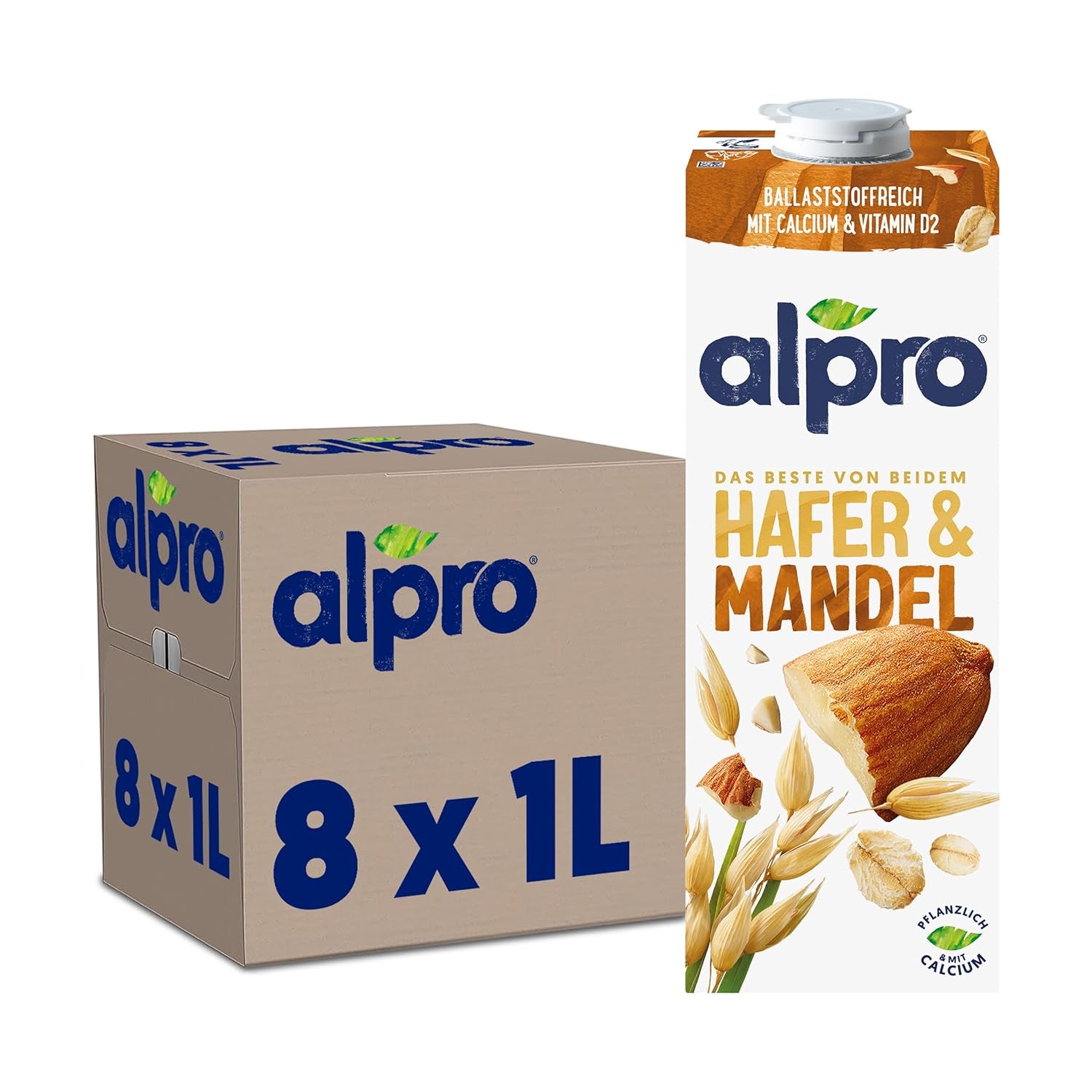 Alpro Haferdrink ohne Zucker – Milchalternative auf Haferbasis – Vegano y sin lactosa – Rico en sustancias balasto, calcio y vitaminas – 8 x 1 L