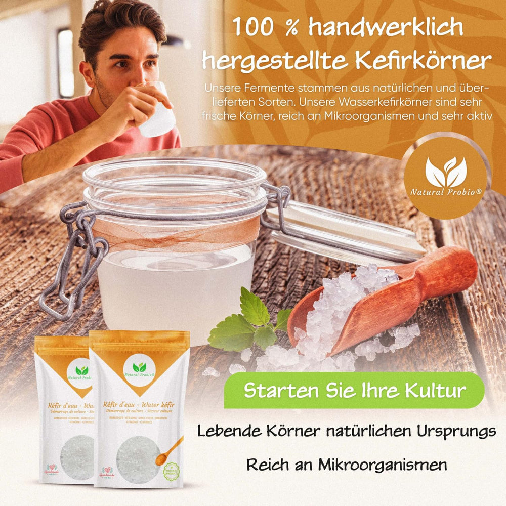Natural Probio® Wasserkefir, Kefirpilz, Japankristalle, Kefirknollen, Starter Set + Anleitung, Rezept, Tipps, E-Book & Rezeptbibliothek + Kundenservice auf Lebenszeit (10 g deshidratado/60 g rehidratado)