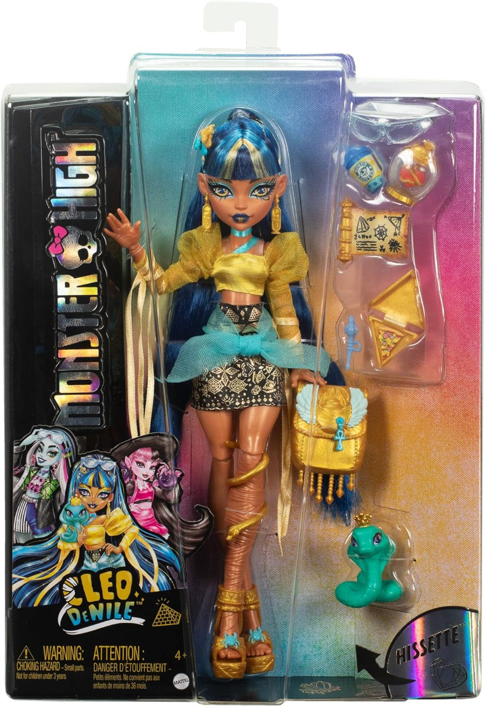 Muñeca Monster High Cleo De Nile con Blusa Dorada y Falda a Capas, Incluye Mascota Cobra Hissette y Accesorios como Mochila, Bocadillo y Rollo de Papel, HXH74 Muñecas Naty Shop