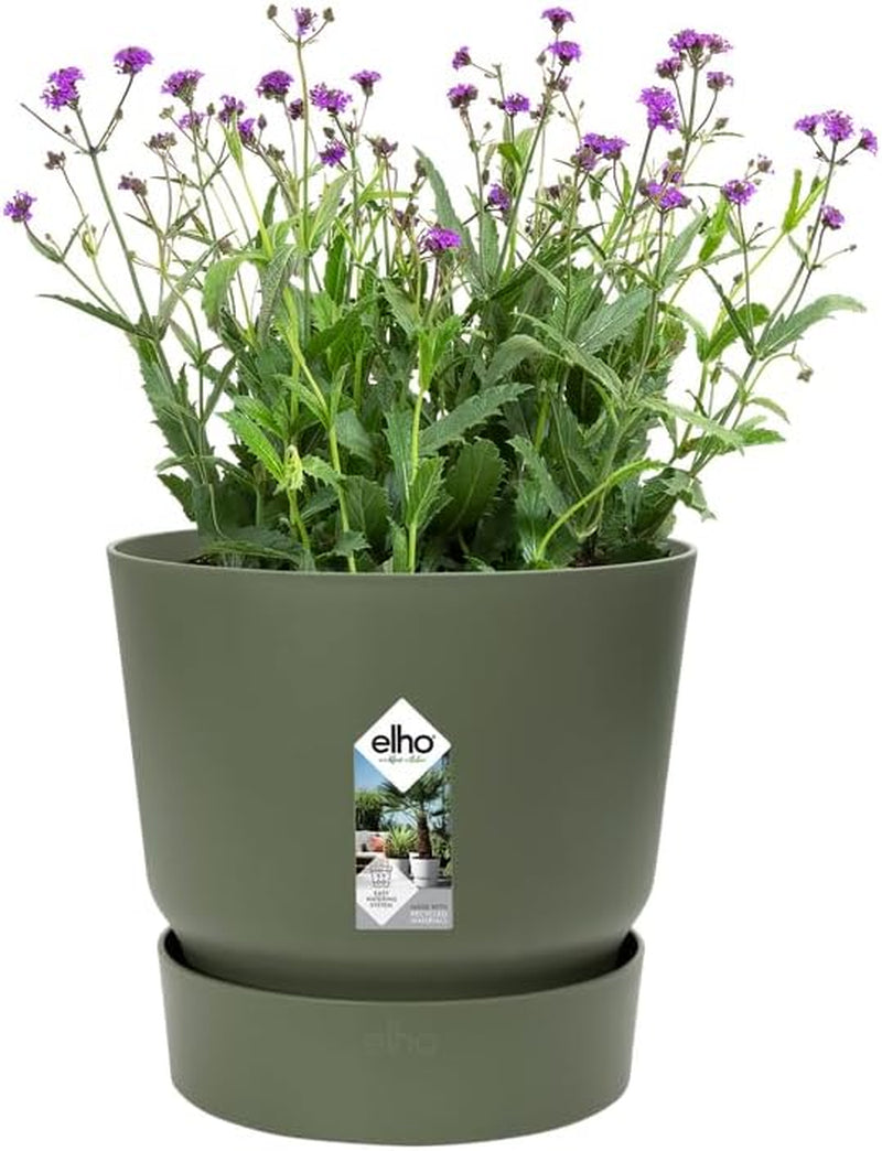 elho Greenville Round 16 - Ghiveci pentru flori pentru interior și exterior - Ghiveci cu auto-udare - 100% plastic reciclat - Ø 16,0 x H 15,3 cm - Verde/Verde frunză