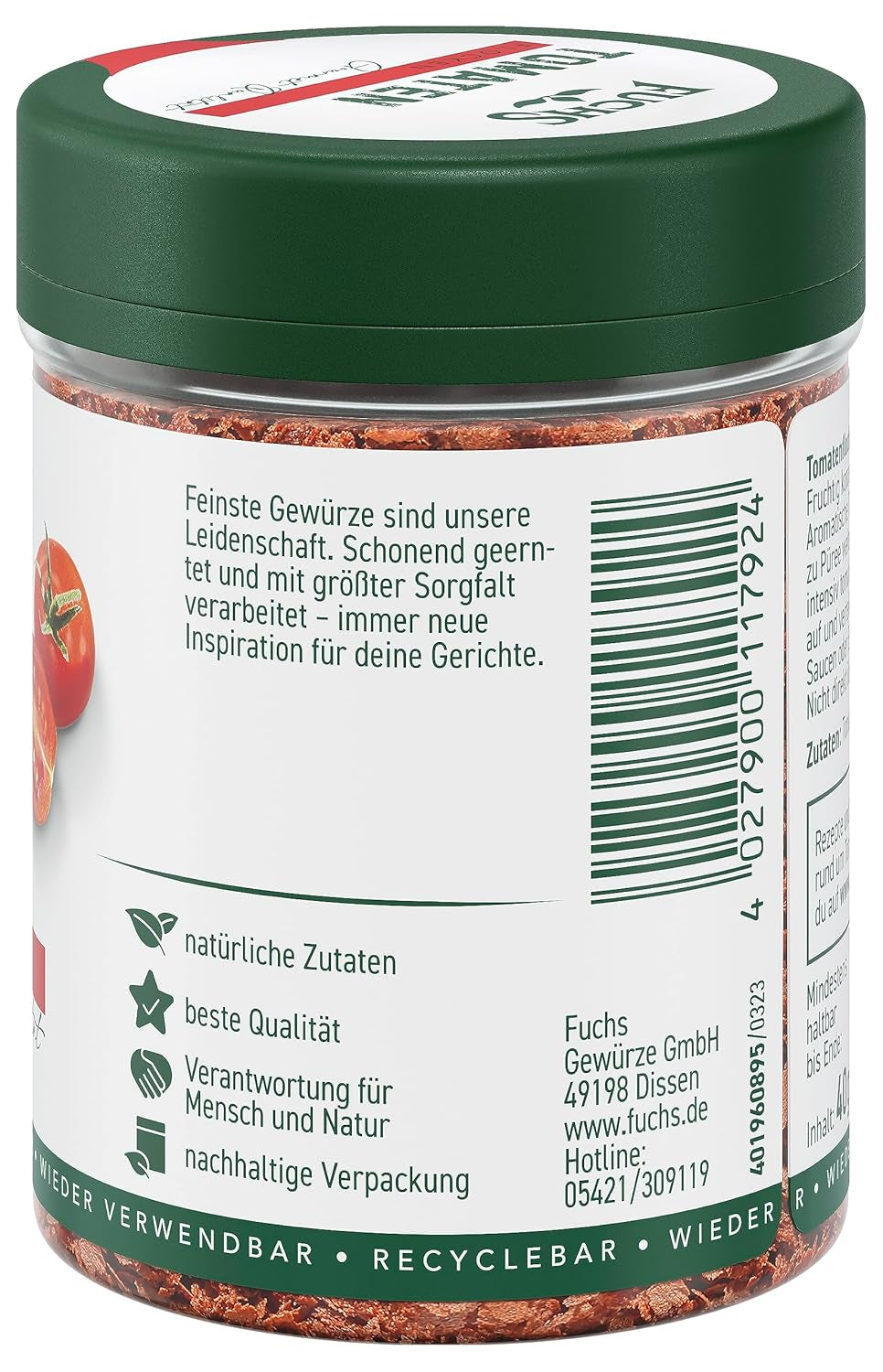 Fuchs Gewürze - Tomaten Flocken - Gewürz für Ofenfeta oder tomatigen Geschmack in Saucen - Ingredientes naturales - 40 g en wiederverwendbarer, recyclebarer Dosis