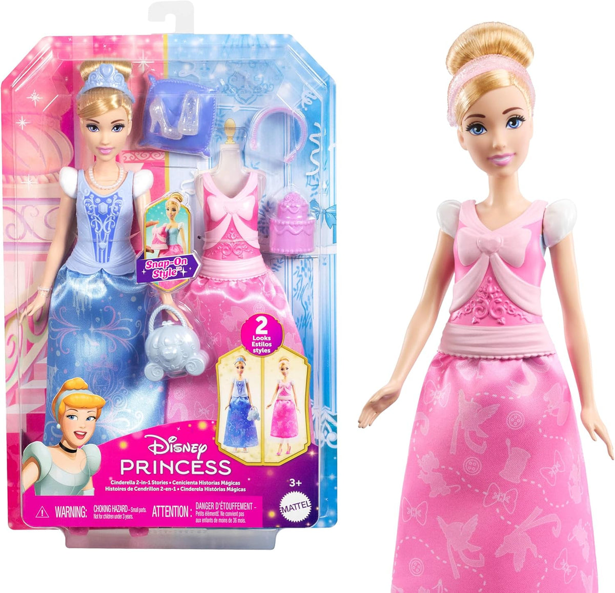 Mattel Disney-Princess-Spielzeuge, Cinderella-Modepuppe con 2 looks, 9 accesorios, 2 Oberteile zum Anklipsen y 2 Röcke. Película 2 en 1 inspirada en Disney Film, JCR95