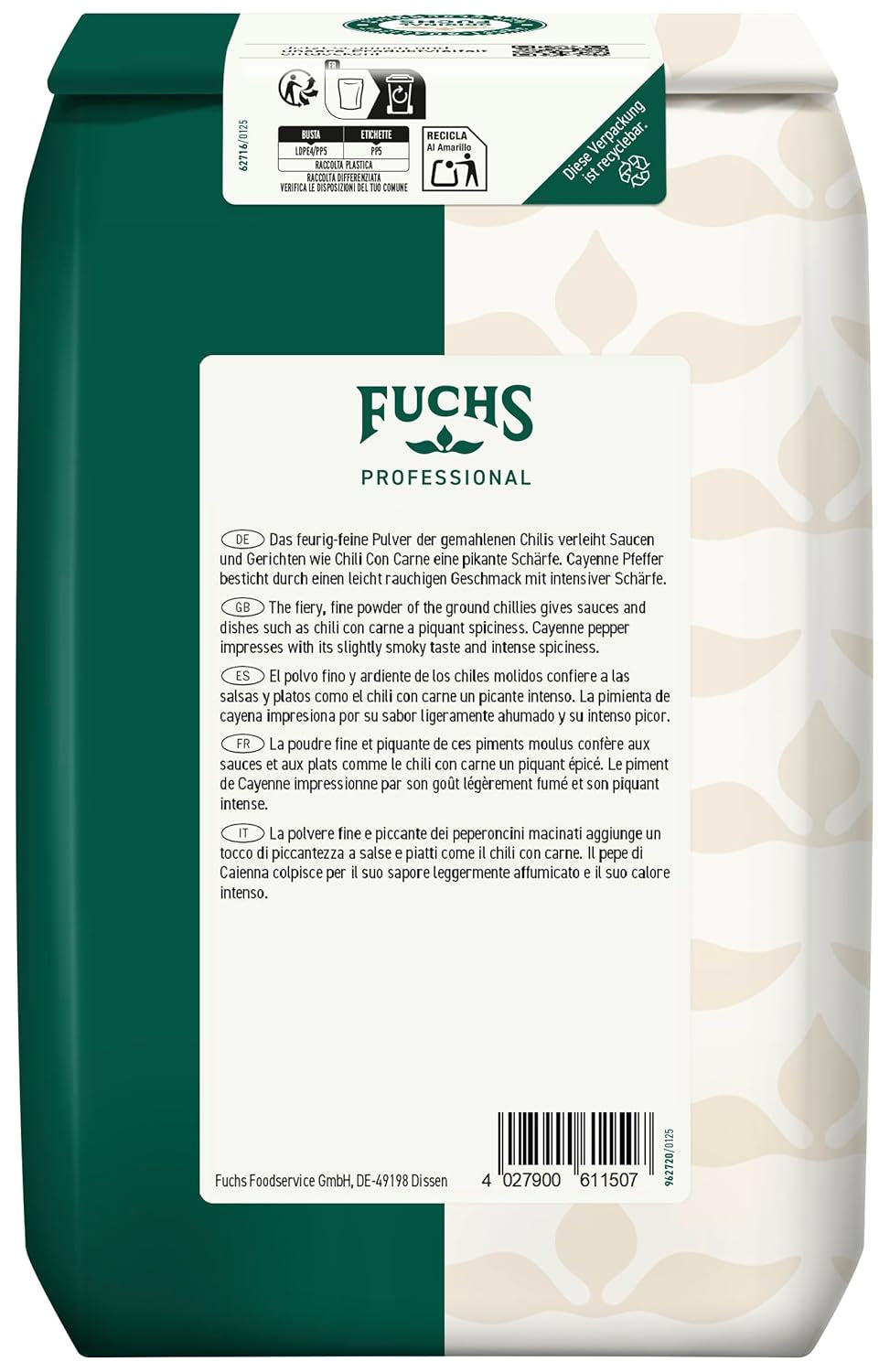 Fuchs Professional - Cayenne Pfeffer gemahlen | Scharfes Gewürz für Chili con Carne | Calidad profesional para grandes empresas gastronómicas y gastronómicas | Bolsa reciclable de 1 kg.