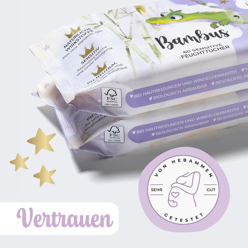Millis Bamboo Baby Toallitas húmedas sensibles para la delicada piel del bebé - 5 x 60 piezas - Limpieza natural, suave y sostenible - Toallitas húmedas biodegradables, sin plástico y sin alcohol