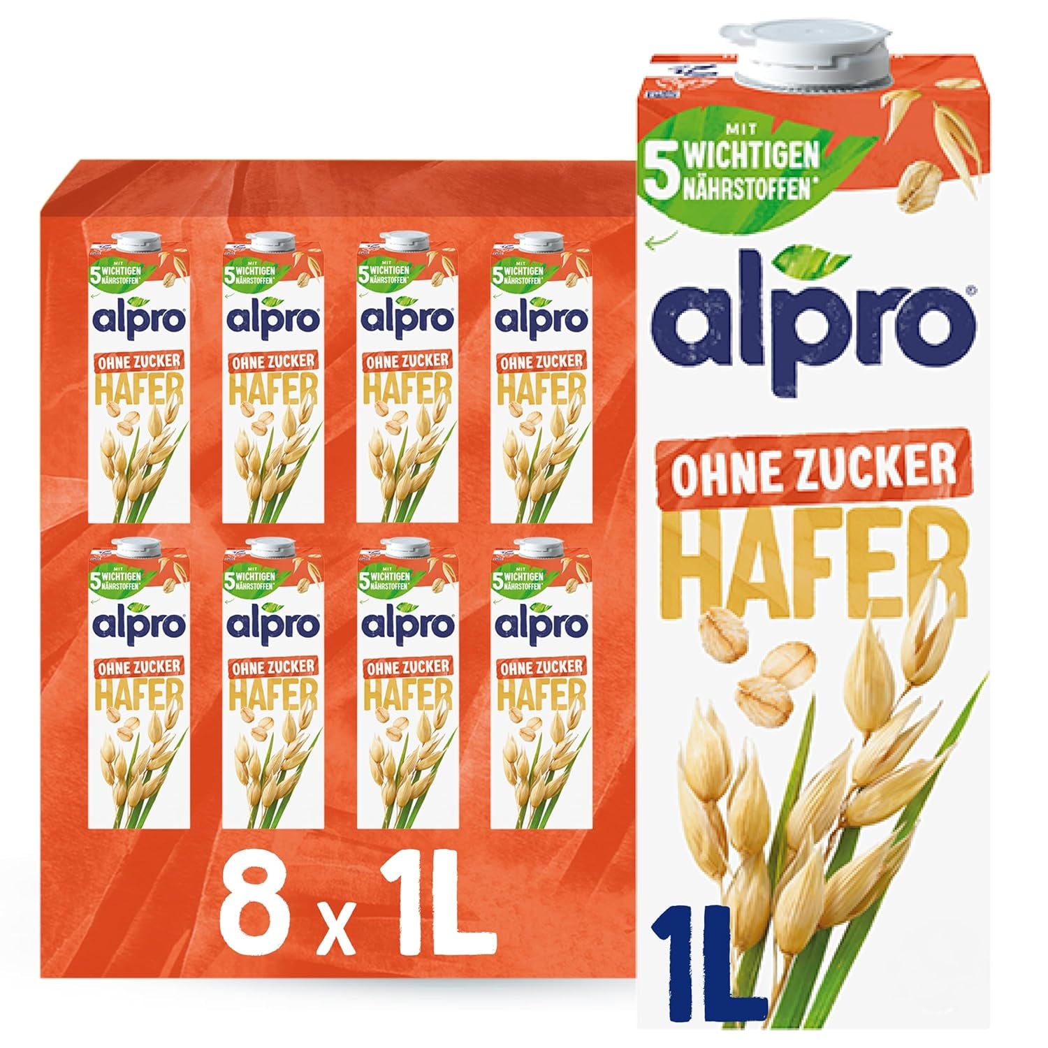 Alpro Haferdrink ohne Zucker – Milchalternative auf Haferbasis – Vegano y sin lactosa – Rico en sustancias balasto, calcio y vitaminas – 8 x 1 L