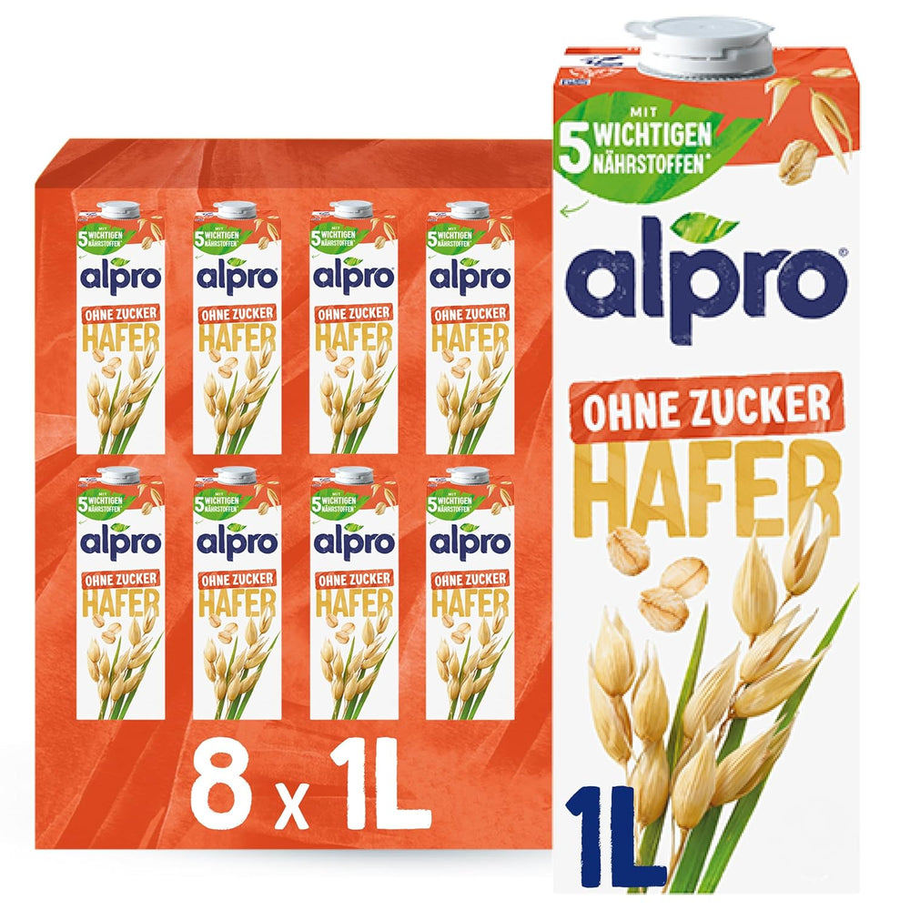 Alpro Haferdrink ohne Zucker – Milchalternative auf Haferbasis – Vegano y sin lactosa – Rico en sustancias balasto, calcio y vitaminas – 8 x 1 L