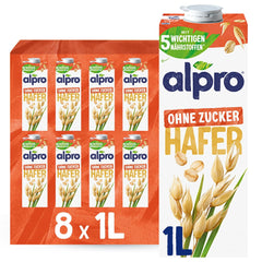 Alpro Haferdrink ohne Zucker – Milchalternative auf Haferbasis – Vegano y sin lactosa – Rico en sustancias balasto, calcio y vitaminas – 8 x 1 L