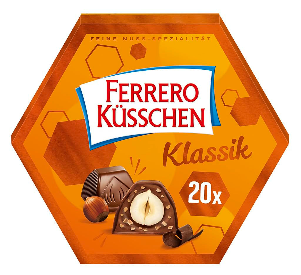 Ferrero Küsschen White Crispy - Regalo de San Valentín para él y para ella - Avellanas tostadas crujientes en crema ligera con chips crujientes, cubiertas de chocolate blanco, 1 paquete de 20 bombones individuales