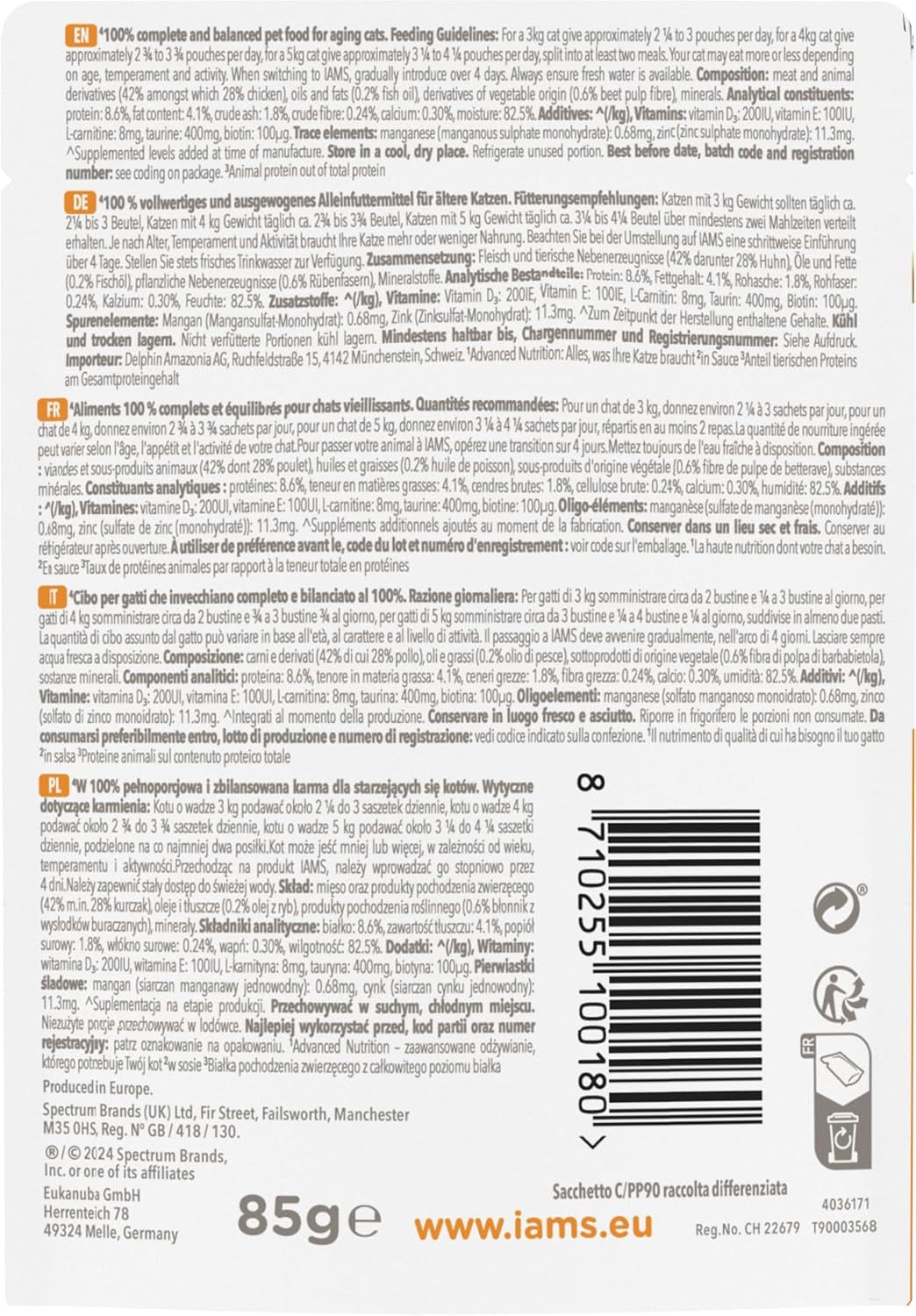 IAMS Delights Hrană umedă pentru pisici cu pui în sos pentru pisici senior de 7 ani și peste - Dimensiune de probă, Plic individual, 1 x 85g