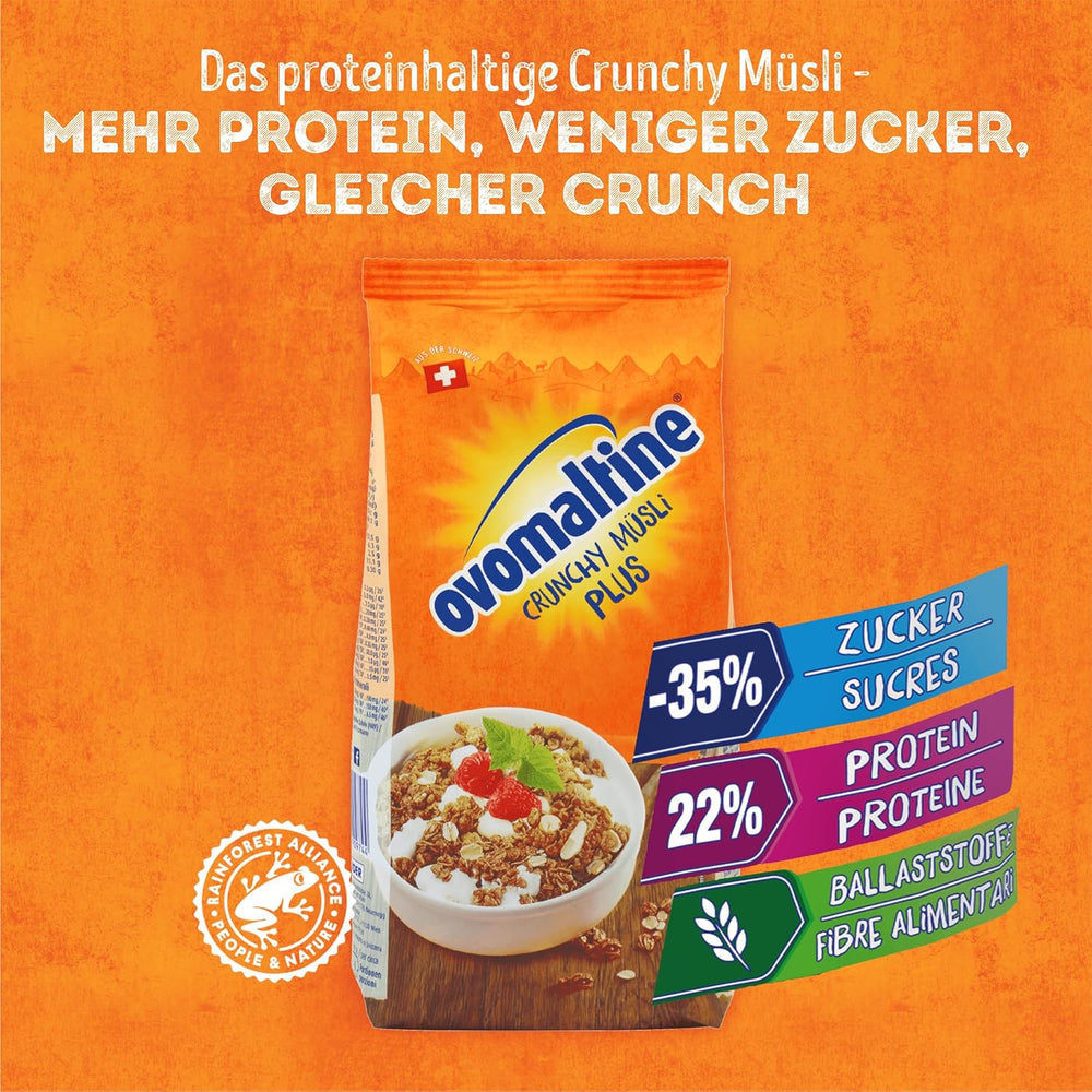 Ovomaltine Crunchy Protein Muesli Plus - Mezcla crujiente de cereales con avena, que contiene un 22% de proteínas, con un tercio menos de azúcar y un crujido incomparable (1 x 300g)