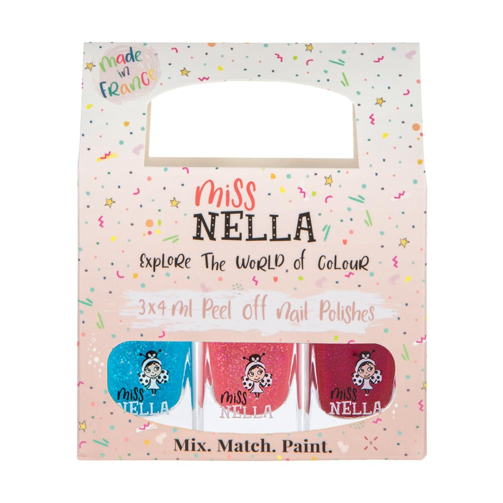 Miss Nella Magic Collection Juego de 4 esmaltes de uñas con purpurina: rosa, rojo, dorado y azul, esmalte de uñas extraíble especial para niños, no tóxico, a base de agua, inodoro
