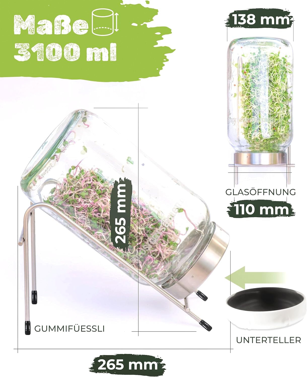 Juego de tarros de germinación de 3100 ml con set de regalo - Organic Fitness Mix, Power Mix y Detox Mix, 75 g cada uno - Tarro de germinación - incl. tapa de frasco, soporte y colador