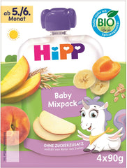 HiPP Bolsas exprimibles orgánicas, paquete mixto, 16 piezas (4 paquetes de 4 x 90 g cada uno), para bebés de 5/6 meses, cuatro deliciosos sabores, sin azúcar añadido, la mejor calidad orgánica