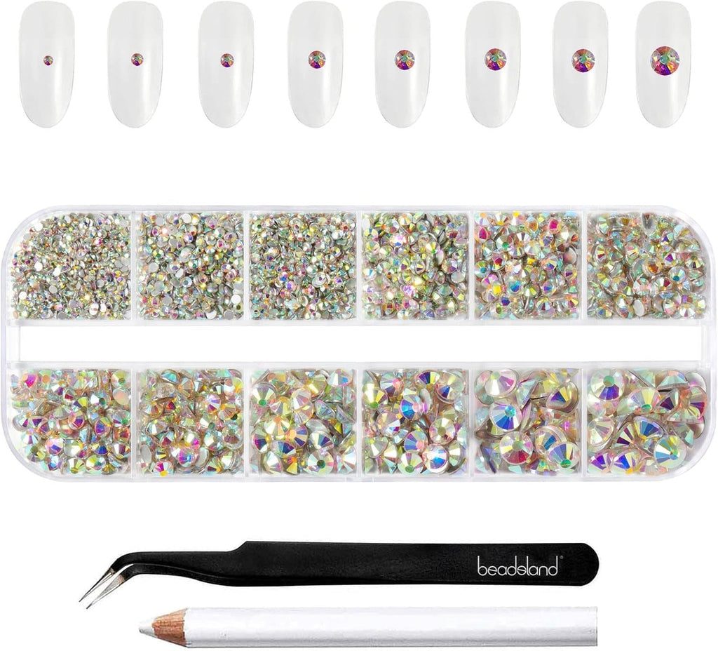 Beadsland 2500Pcs Glas Nailart Strasssteine Kristall Flatback Edelsteine Runde, ​​Für Handwerk Gemischt 8 Größen SS4 ~ SS30 Mit Picking Pinzette Und Stift (Kristall Weiss)