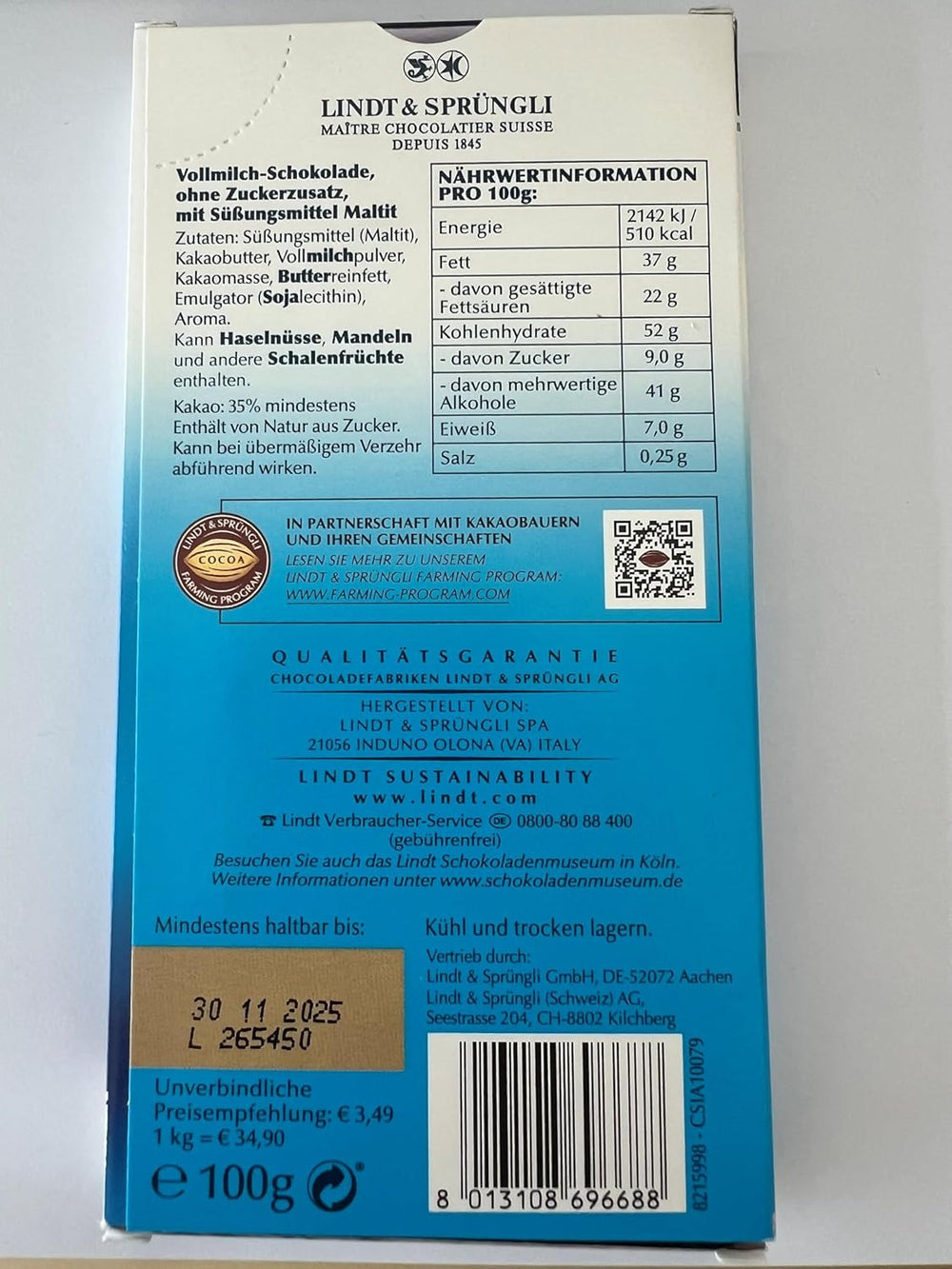 Chocolate con leche Lindt sin azúcares añadidos | Barra 100g | Lo mejor y sin gluten | regalo de chocolate