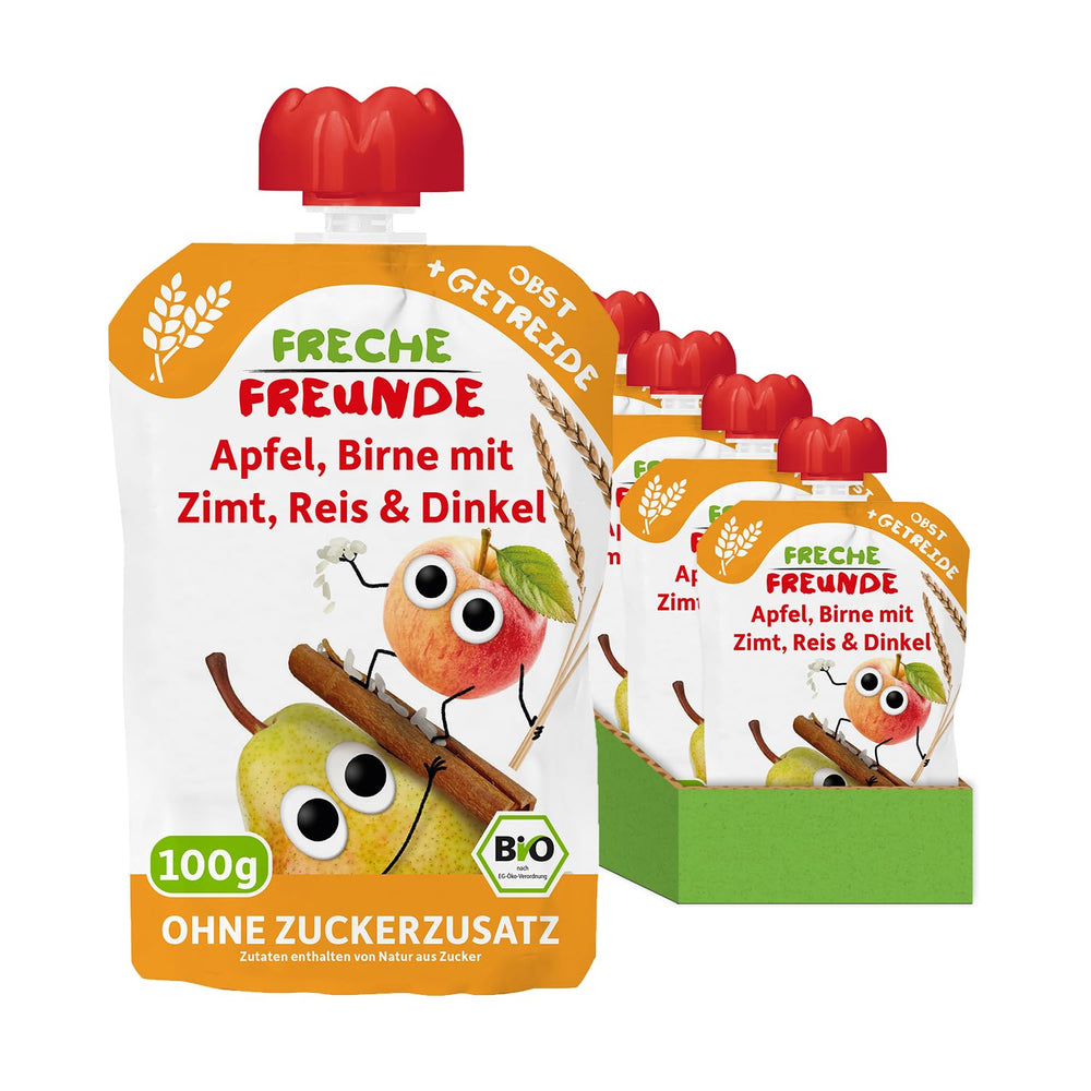 FRECHE FREUNDE Bolsa de fruta orgánica exprimible, manzana, canela, pera, arroz, puré de fruta de espelta con cereales para bebés a partir de 6 meses, vegano, paquete de 6 (6 x 100 g)