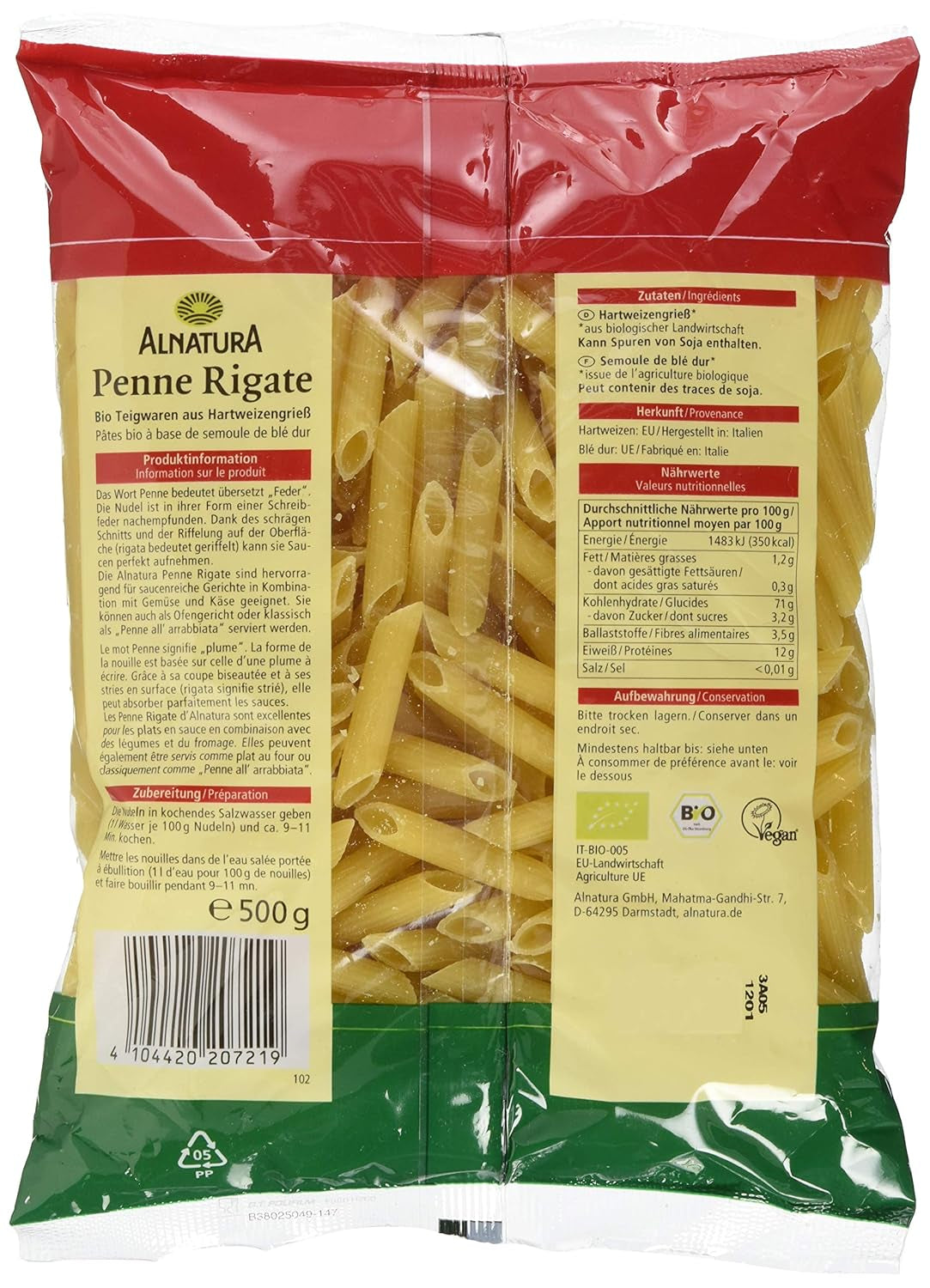 Pasta ecológica Penne Rigate, 500g