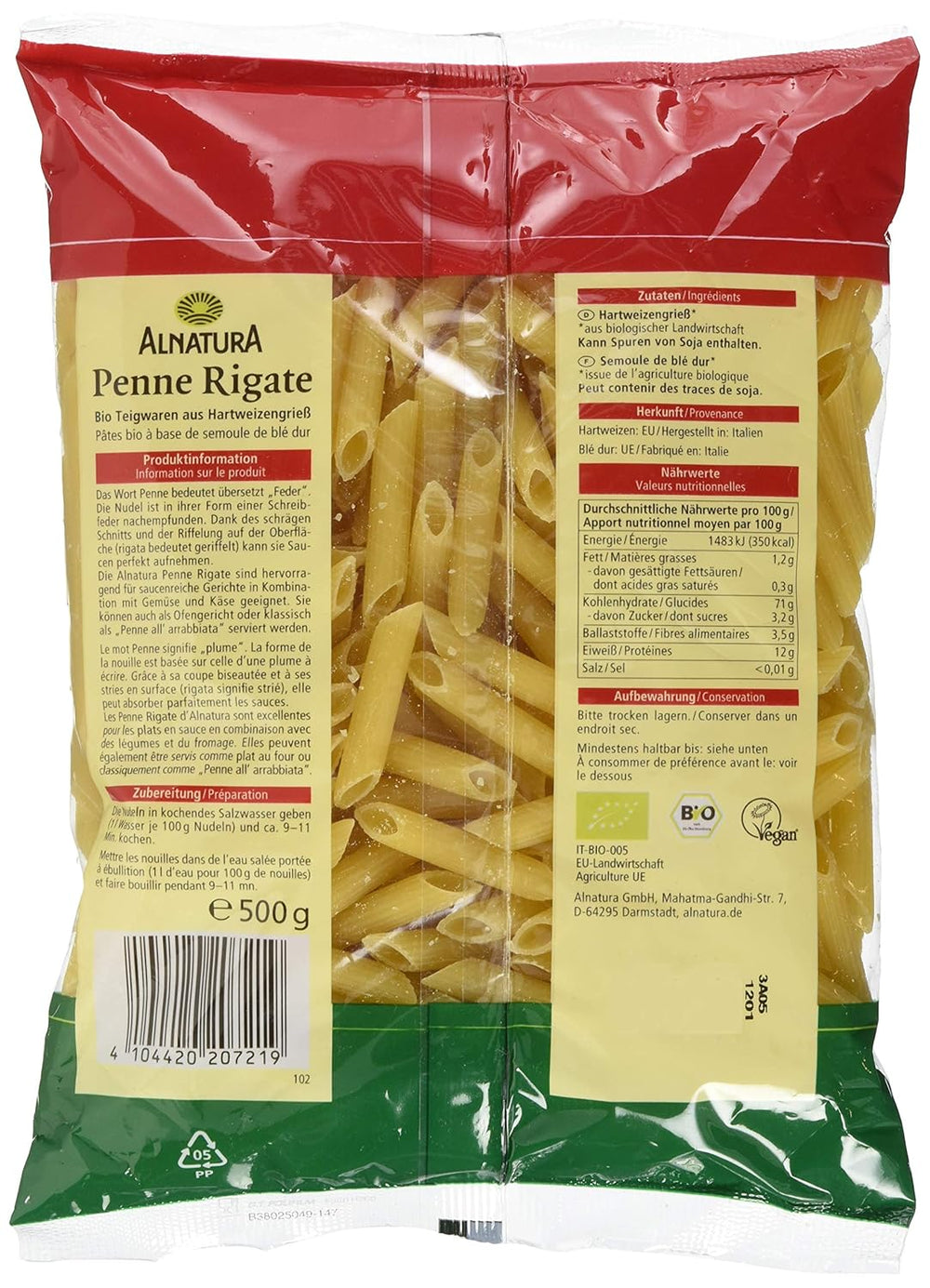 Pasta ecológica Penne Rigate, 500g