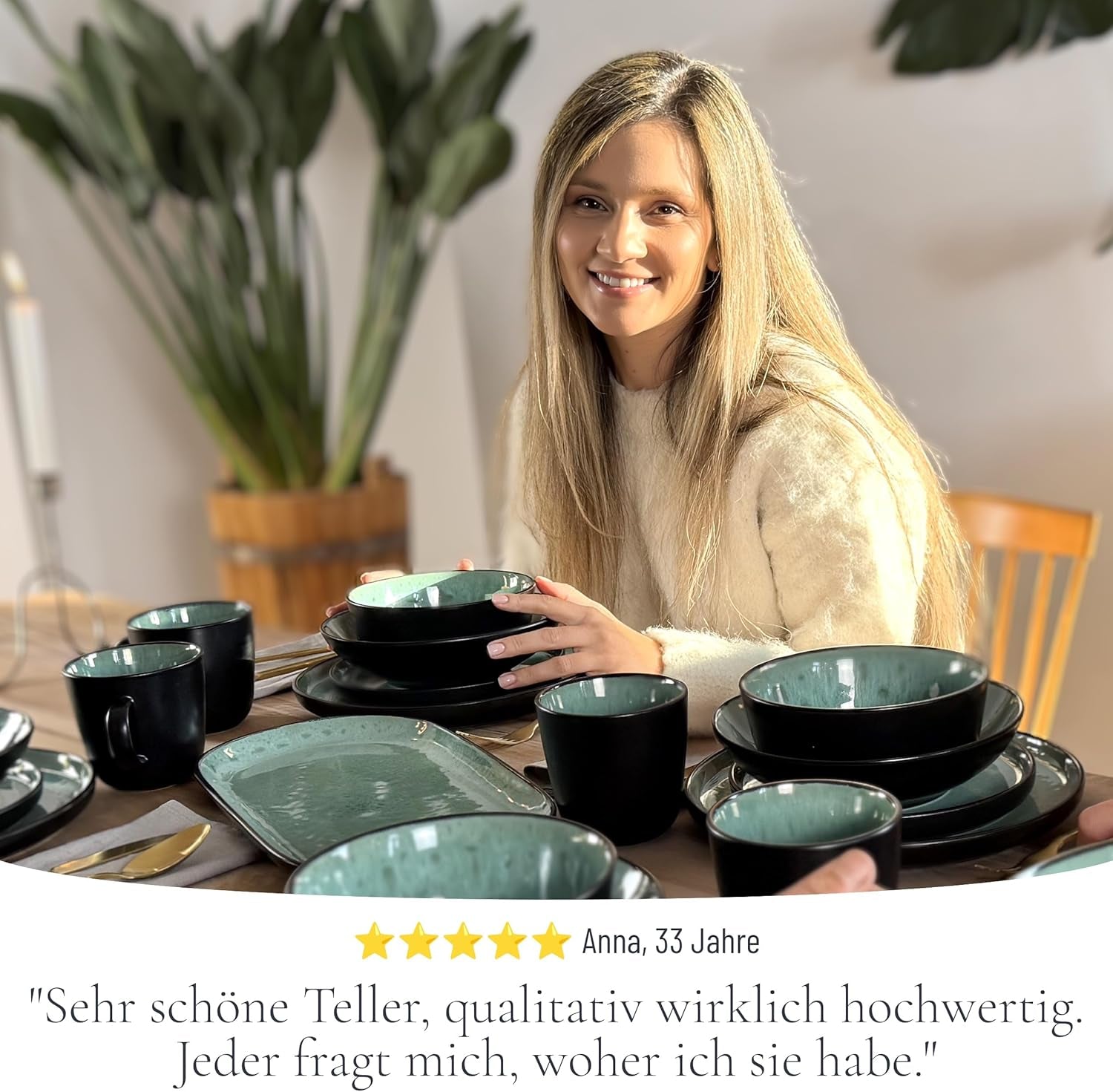 Set de veselă din gresie ceramică, format din 24 de piese, pentru 6 persoane, design Ibiza, CÂȘTIGĂTOR AL TESTULUI. Un set de veselă mediteraneană superb, inclusiv boluri și farfurii. Set de veselă Pure Living, verde salvie.