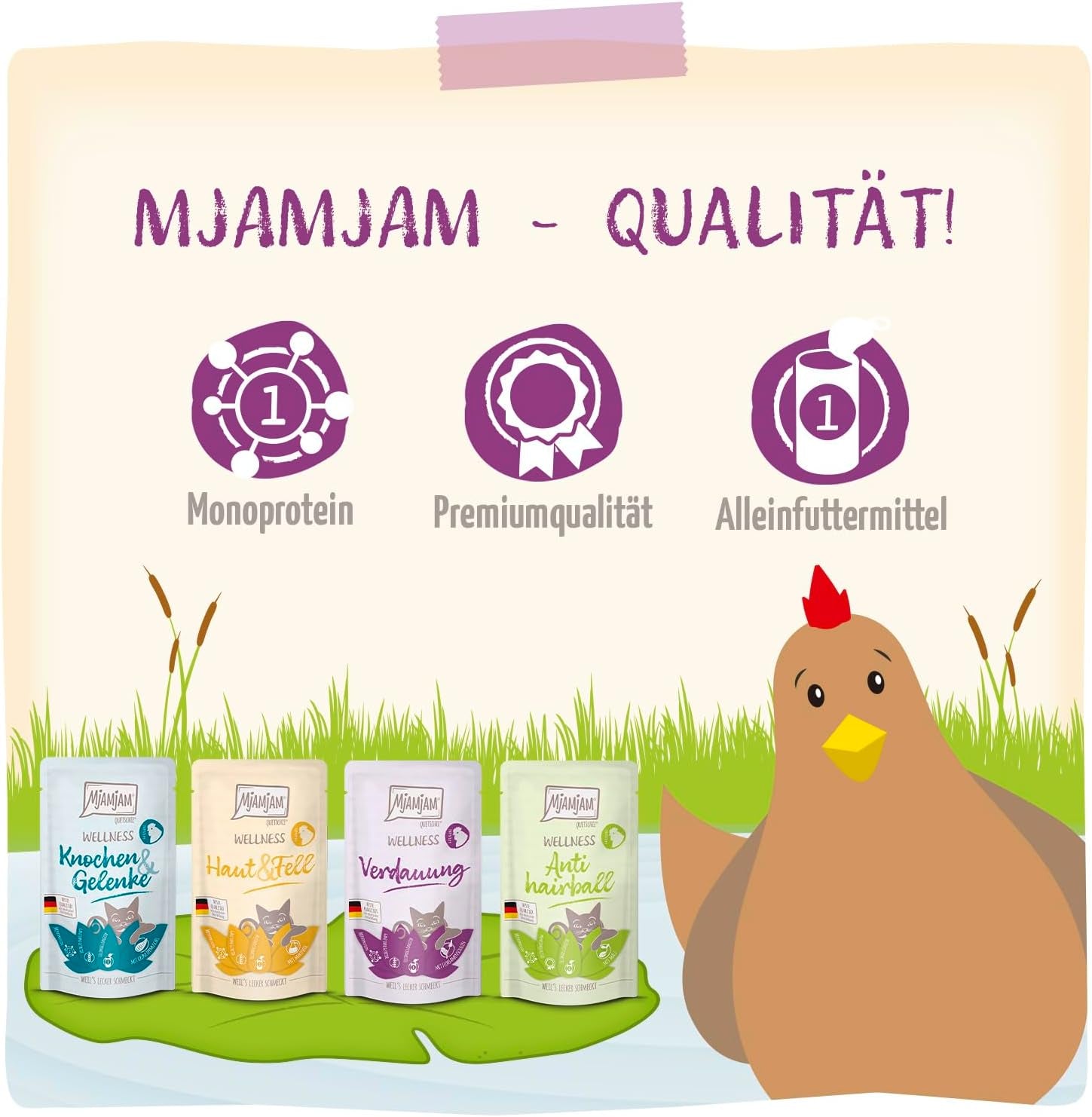 MjAMjAM – Hrană umedă premium pentru pisici - Pachet Wellness cu pui, pachet de 12 (12 x 125 g), fără cereale cu carne suplimentară