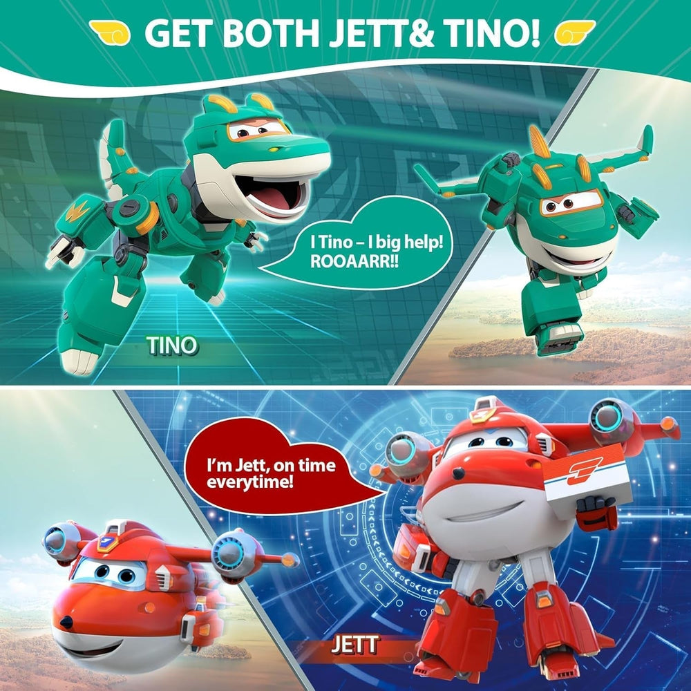 Super Wings 5" Transforming Characters 2-Pack Transforming Supercharged Jett + Tino, jucărie Transformer pentru băieți și fete de peste 3 ani, roșu Action figures Naty Shop