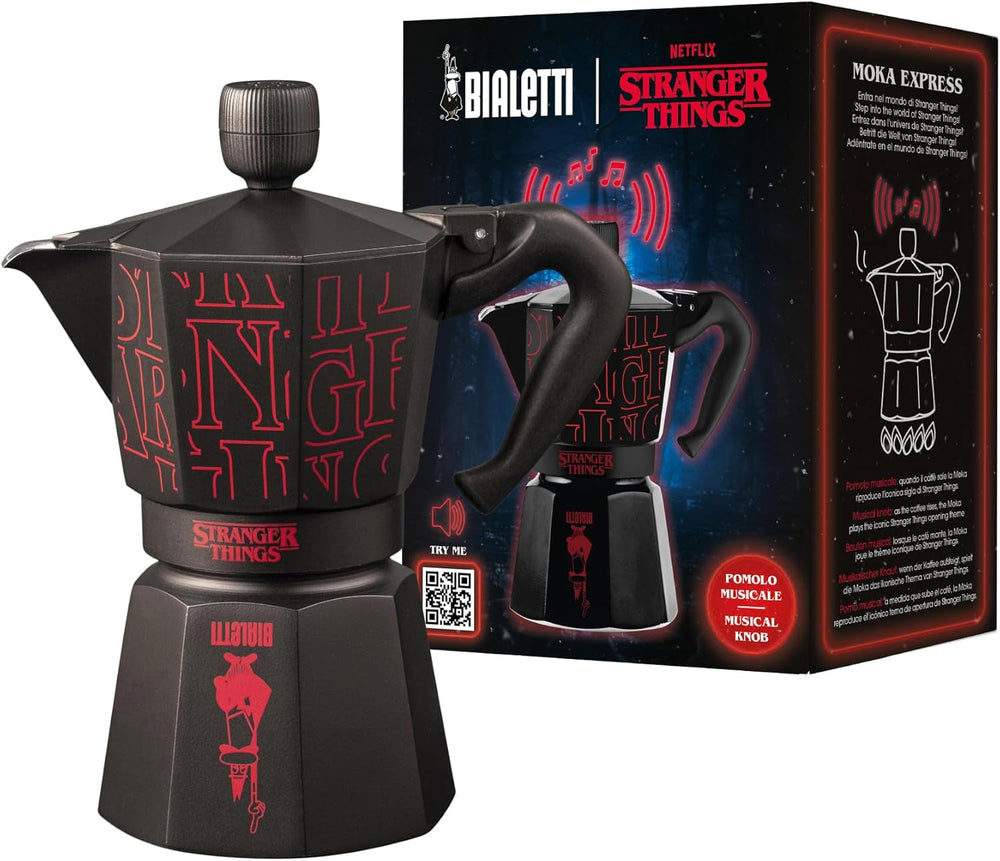 Bialetti Moka Express Stranger Things Cafetiera cu 6 căni, Buton muzical cu funcție de încărcare USB-C, Nu este potrivită pentru plite cu inducție, 6 căni (270 ml), Negru