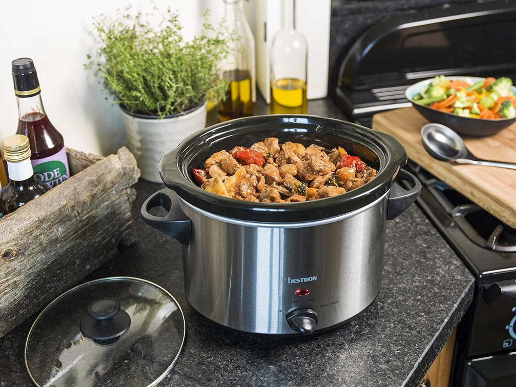 Bestron slow cooker cu tigaie ceramică și capac din sticlă, termostat cu 3 niveluri, ideal pentru multe feluri de mâncare, cum ar fi carne, supe și legume, 3,5 litri, culoare: argintiu Slow Cooker Naty Shop