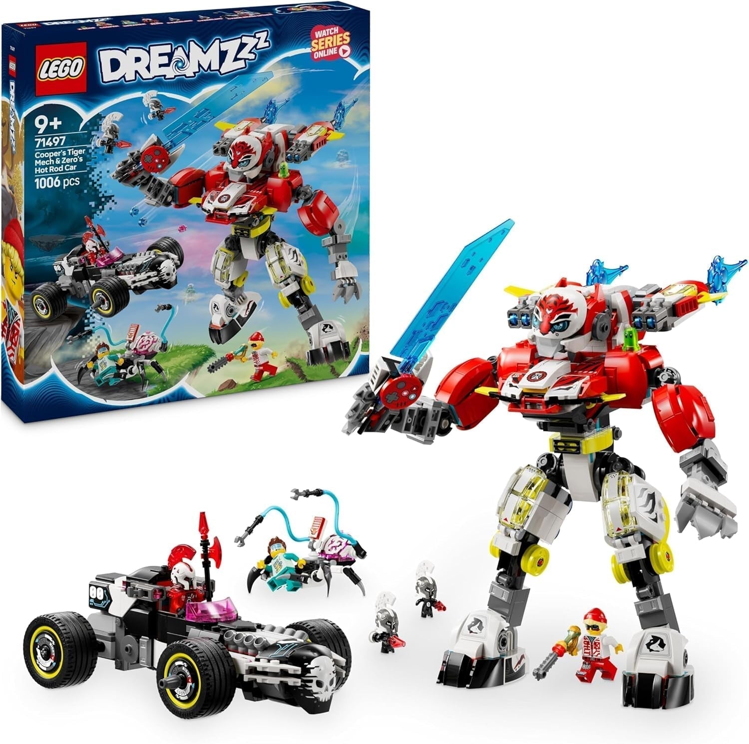 LEGO Dreamzzz Cooper's Tiger Mech și Zero'S Hot Rod Car, mașină de jucărie pentru copii, cadou pentru băieți și fete de la 9 ani, set de joacă 2 în 1 cu Mech și minifigurine 71497 Seturi de constructie Besuche den LEGO-Store Titlu implicit