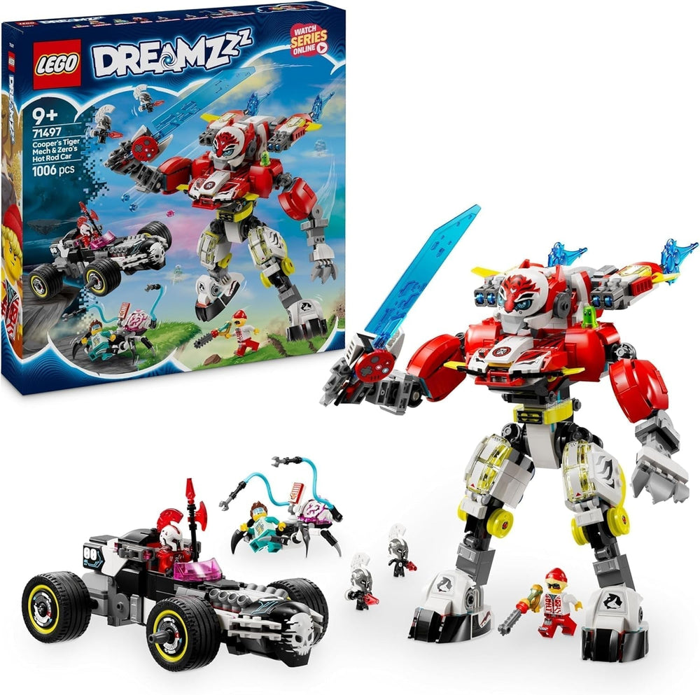 LEGO Dreamzzz Cooper's Tiger Mech și Zero'S Hot Rod Car, mașină de jucărie pentru copii, cadou pentru băieți și fete de la 9 ani, set de joacă 2 în 1 cu Mech și minifigurine 71497 Seturi de constructie Besuche den LEGO-Store Titlu implicit