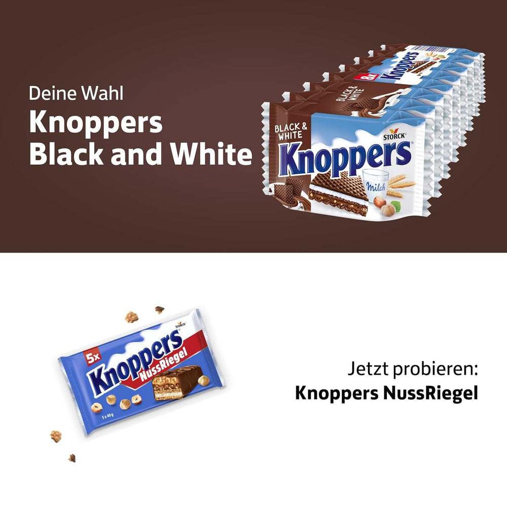 Knoppers blancos y negros – 8 x 25 g – Lonchas de barquillo rellenas de barquillos de cacao oscuro, trozos de galleta negra, leche y crema de turrón