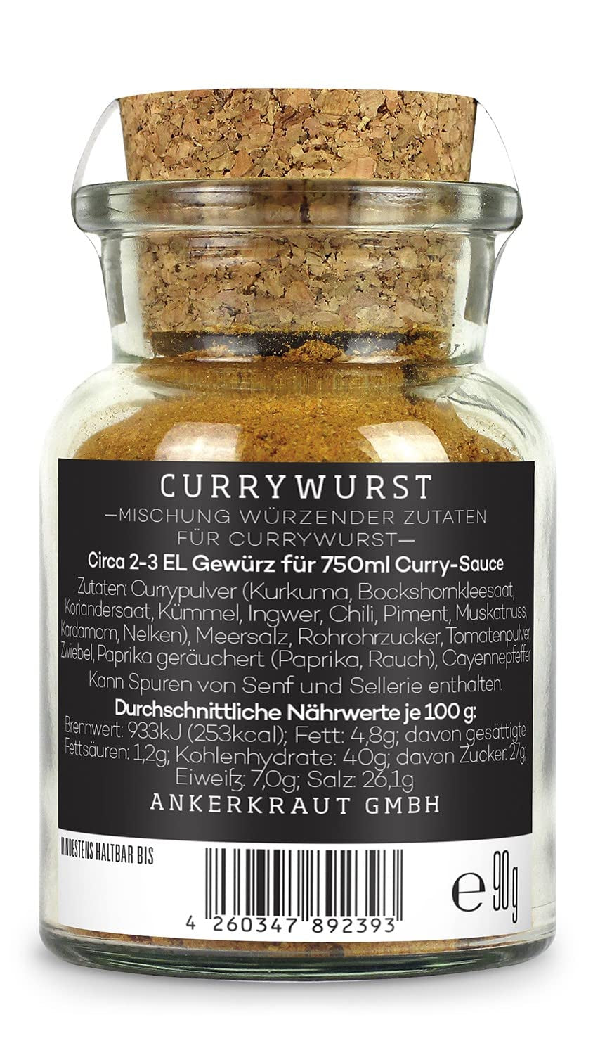 Ankerkraut Currywurst, 90 g en vaso de corcho, Gewürzmischung zum Anmischen selbstgemachter Currywurst-Sauce oder als Topping