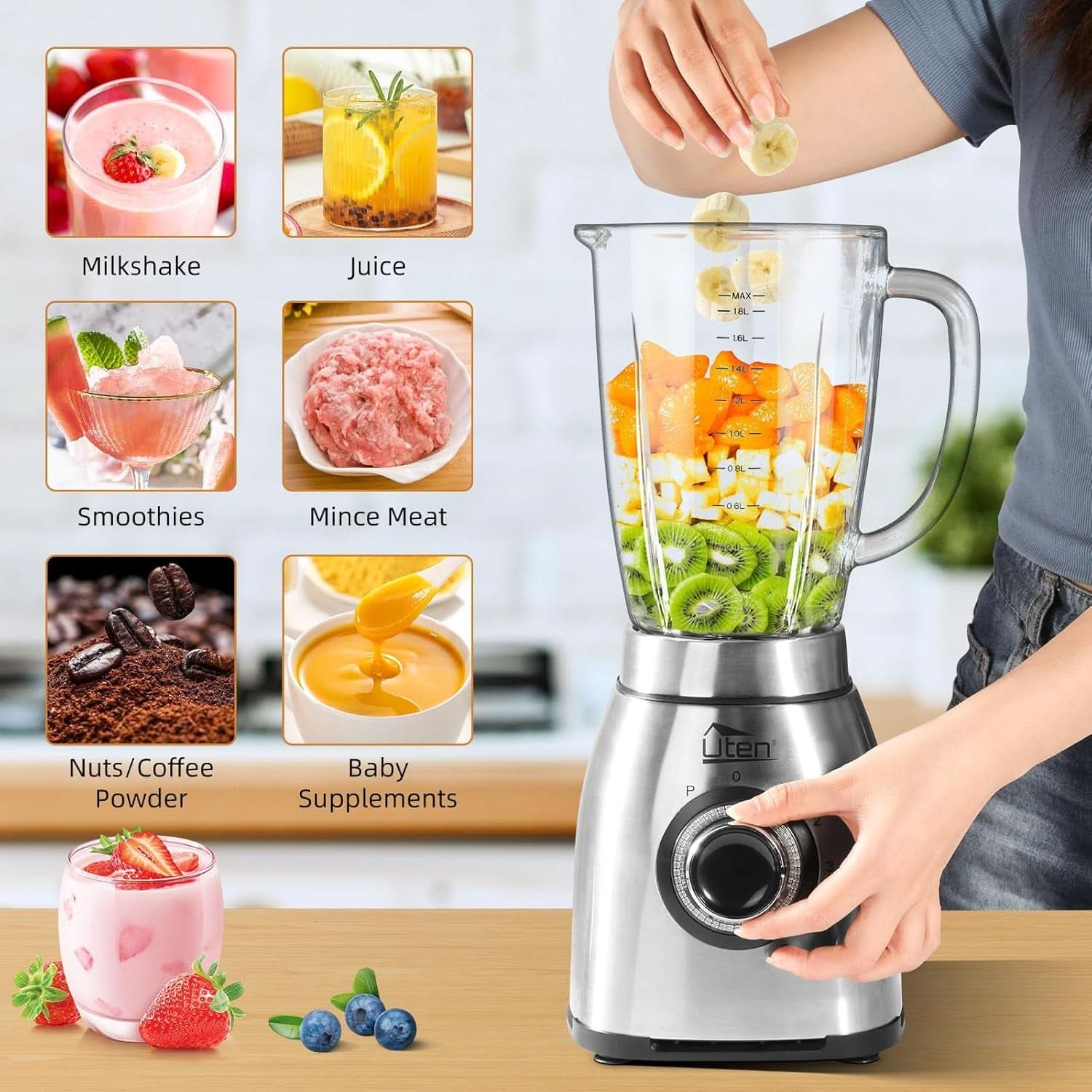 Uten Batidora con base 2L, 1800 W Batidora Hochleistungsmixer, Pulse Und 5 Geschwindigkeiten, Edelstahlgehäuse, 6 Klingen, Macht Milchshake-Smoothies, Mahlbare Kaffeebohnen Mother and Child Naty Shop