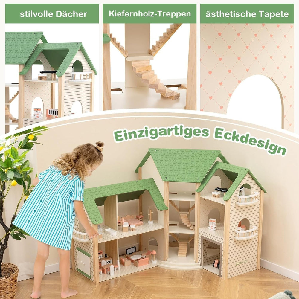 Casă de păpuși din lemn FANTASK, casă de păpuși de 83 cm înălțime cu 36 de piese de mobilier și accesorii, vilă de păpuși cu 6 camere, terasă și garaj, cadou pentru fete de la 3 ani Casute de papusi Naty Shop