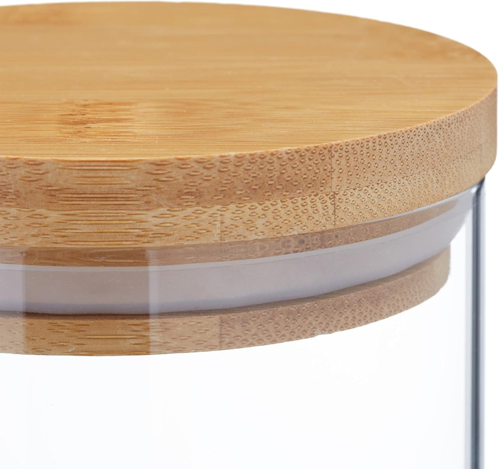 Borcane de depozitare Relaxdays cu capace din bambus, set de 3, borcane rotunde din sticlă, 1000 ml, etanșe, transparente/naturale, 18 x 10 cm Cutii depozitare alimente Naty Shop