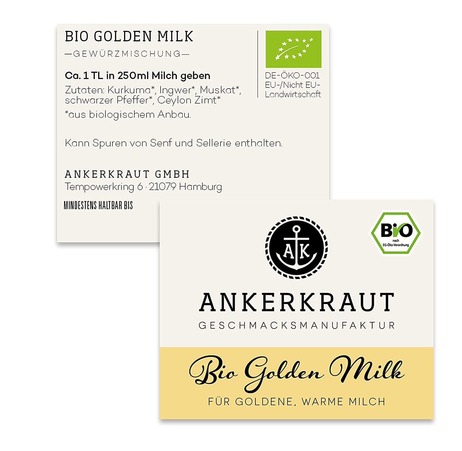 Ankerkraut Bio Golden Milk, Gewürz für goldene Milch, con cúrcuma, Zimt und Ingwer, 75 g en vaso con corcho