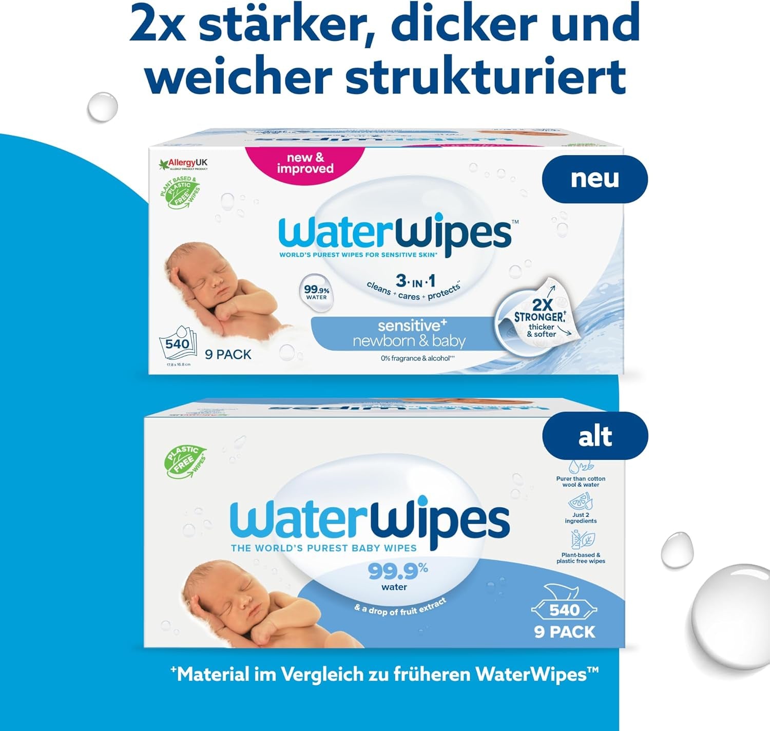 WaterWipes Sensitive+ Toallitas Húmedas para Recién Nacidos y Bebés, 540 Piezas (9 Paquetes), 3 en 1 Limpieza, Cuidado, Protección, 99,9% Agua, Sin Fragancia