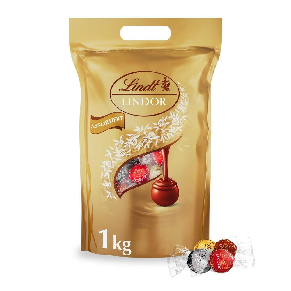 Surtido clásico de bolas de chocolate Lindt LINDOR | aprox. 80 bolas de chocolate (con leche, blanco, negro 60%, avellana) | Paquete a granel, 1 kg