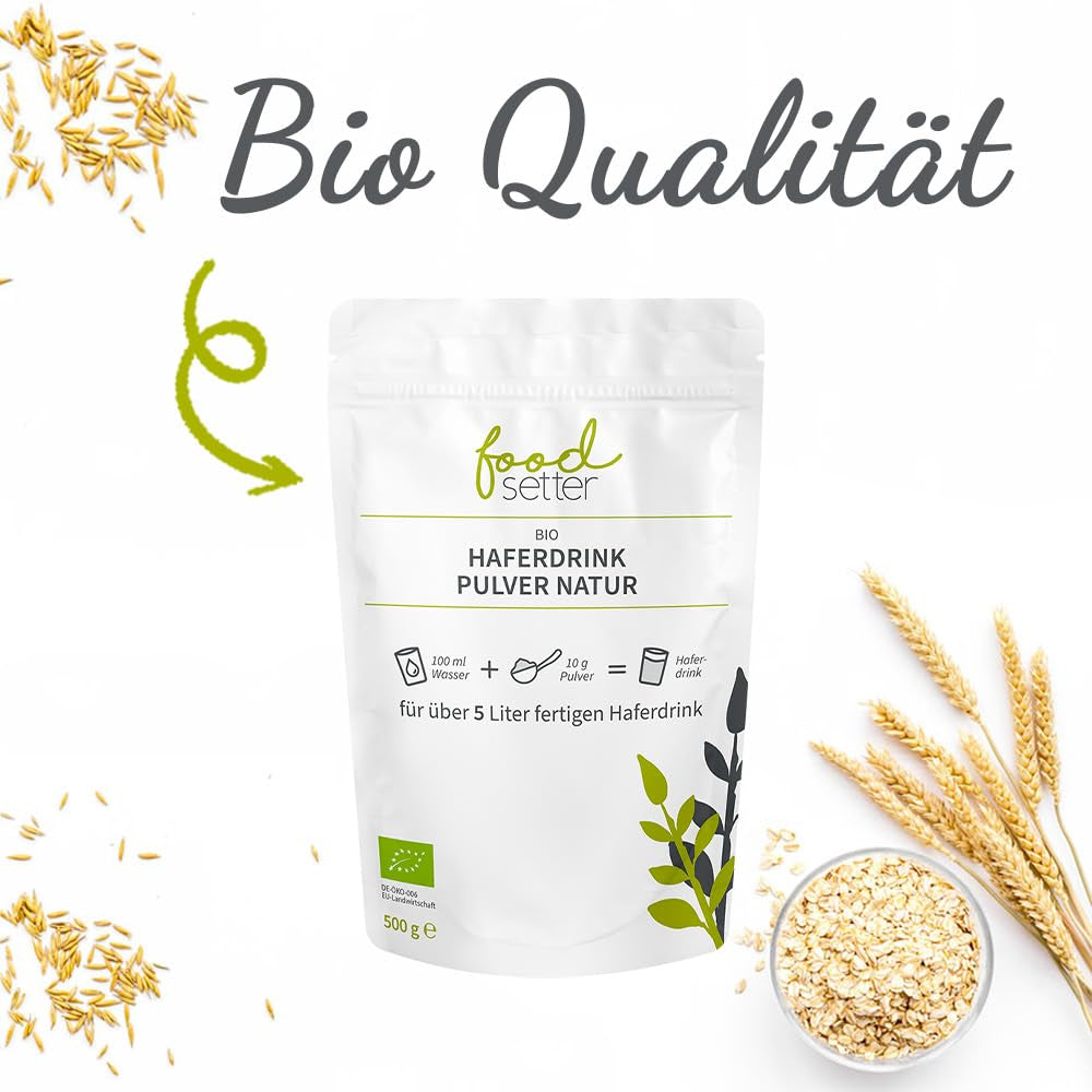 foodsetter Bio Haferdrink Pulver | Bolsa de 500 g | Haferpulver | Haferpulver instantáneo | Biocalidad | Vegano | Sin gluten | Ohne Zuckerzusatz | 0,5 kilogramos