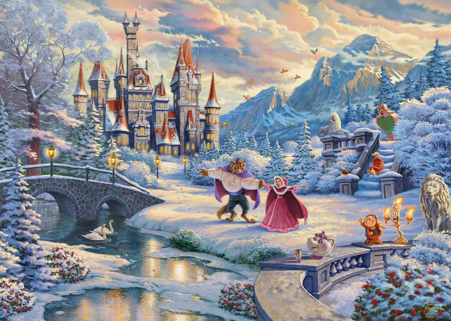 Schmidt Spiele 59671 Thomas Kinkade, Disney, Frumoasa și Bestia, Seară magică de iarnă, puzzle jigsaw 1000 piese Puzzle Naty Shop