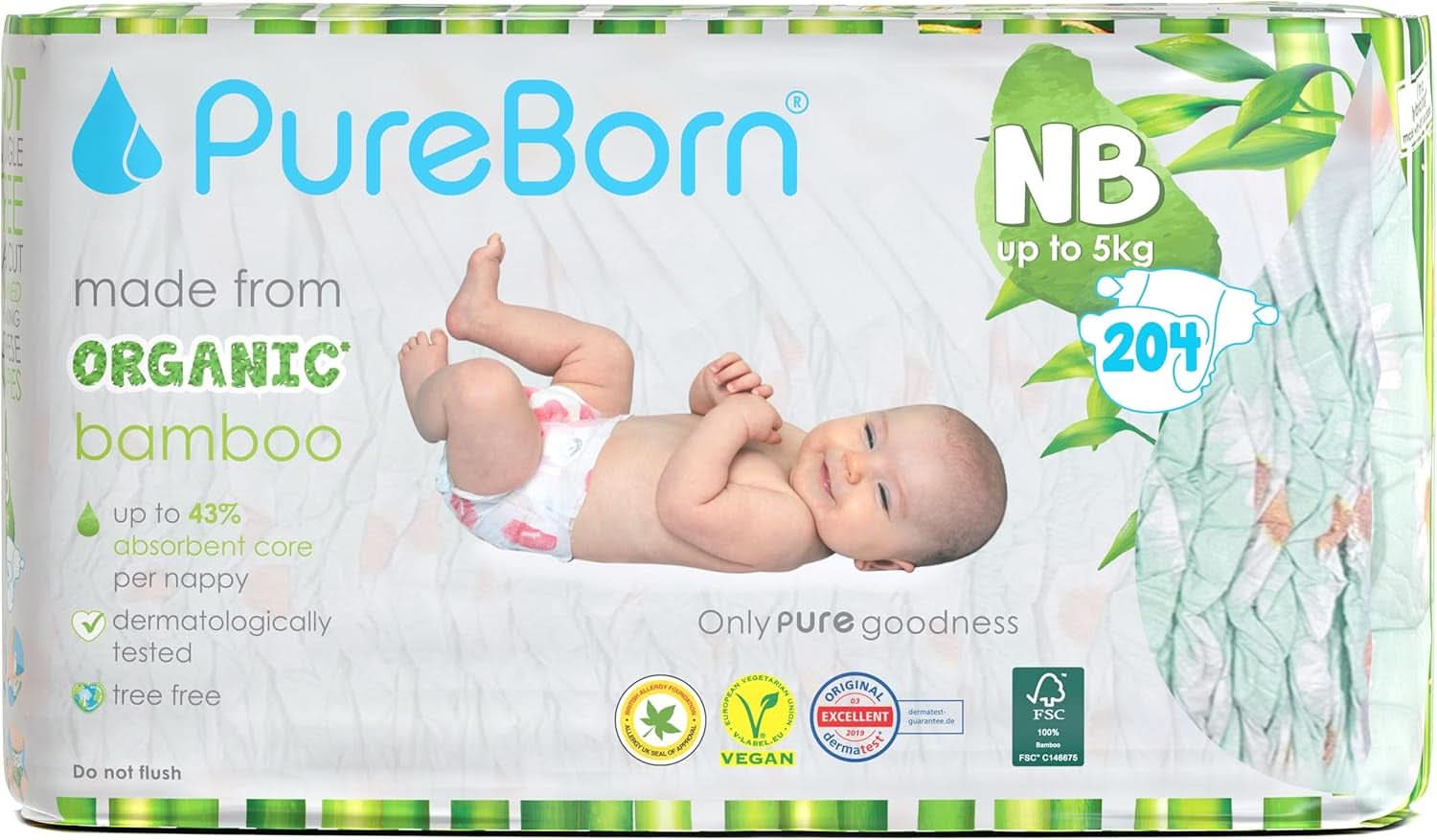 Pañales de bambú orgánicos Pureborn Eco, talla para recién nacidos hasta 5 kg, ultra suaves, hipoalergénicos, con indicador de humedad, varios estampados Mother and Child Naty Shop Newborn (204 uds)