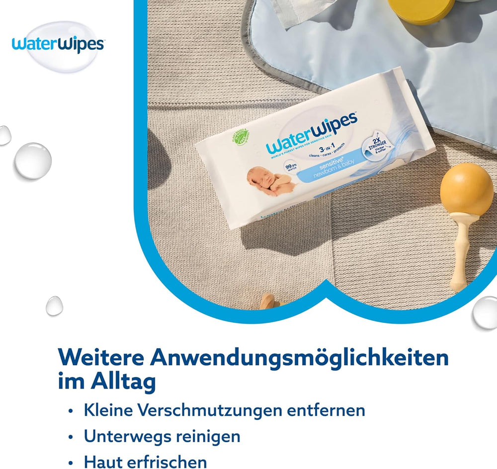 WaterWipes Sensitive+ Toallitas húmedas para recién nacidos y bebés, 360 piezas (paquete de 6), limpieza, cuidado, protección 3 en 1, 99,9% agua, sin fragancia